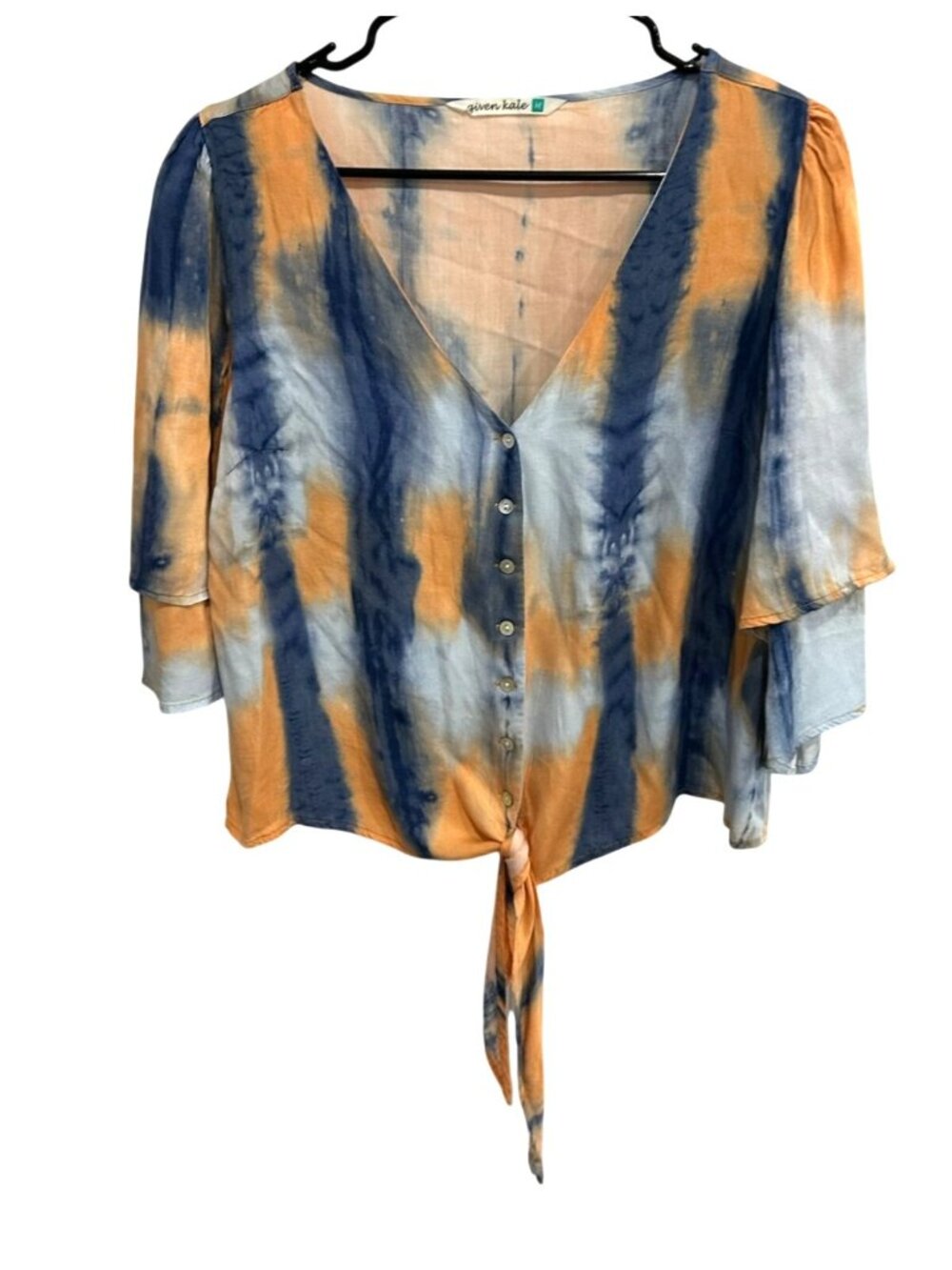 Given Medium Kale Tie-Dye Button Front V-Neck Blouse Flowy Sleeves Boho Retro